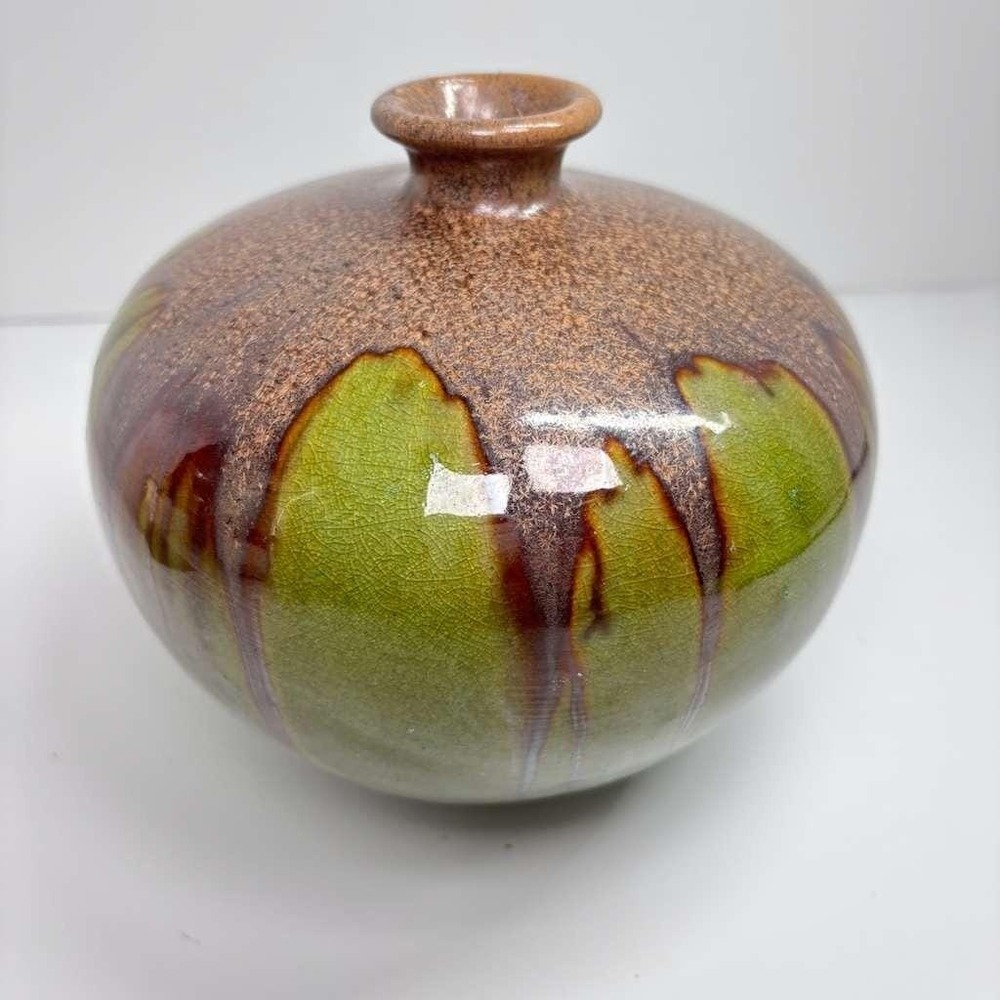 Vintage Ceramic Drip Glaze Bud Vase MCM Mid-Century Style Brown Green, 5.5" Tall